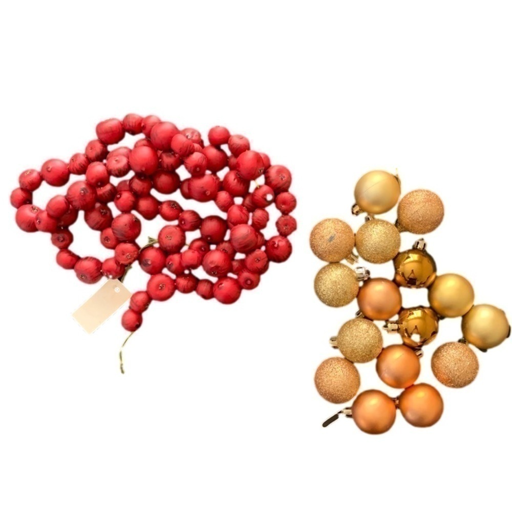 Red Rope of Cranberries with Gold & Champagne Glitter Christmas Ball Ornaments